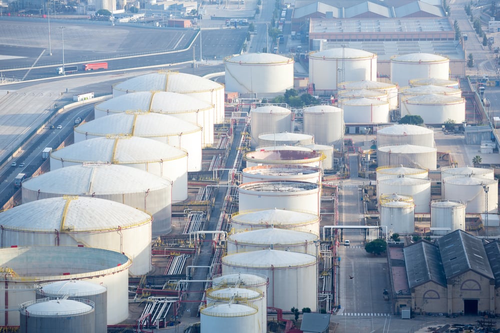 Industrial bulk liquid storage tanks at an energy terminal